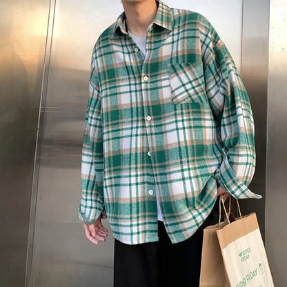 saferido Autumn Thick Woolen Shirt Men Fashion Retro Casual Oversized Plaid Shirts Mens Korean Blue/Green Loose Long-sleeved Shirt Men