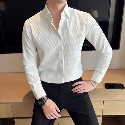 Spring Clothing Men's Korean Casual Luxury Texture Shirts Vintage Turn-down Collar Buttons Solid Color Long Sleeve New
