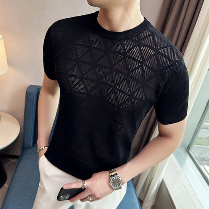 saferido British Style Summer Hollow Out Short Sleeve Knit T Shirts for Men Clothing Fashion Elastic Slim Fit Casual Tee Shirt Homme 4XL