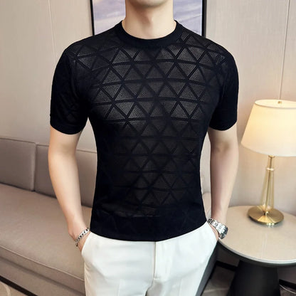 saferido British Style Summer Hollow Out Short Sleeve Knit T Shirts for Men Clothing Fashion Elastic Slim Fit Casual Tee Shirt Homme 4XL
