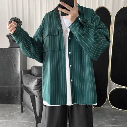 New Spring and Autumn Fashion Hong Kong Style Polo Neck Stripe Casual Loose Fashion Versatile Long Sleeve Men's Thin Shirt