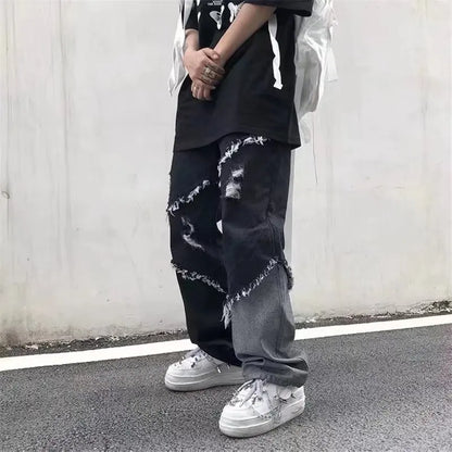 saferido Mens Jeans Pants With Hole Casual Vintage Straight Leg Korean Fashion Streetwear Harajuku Trousers