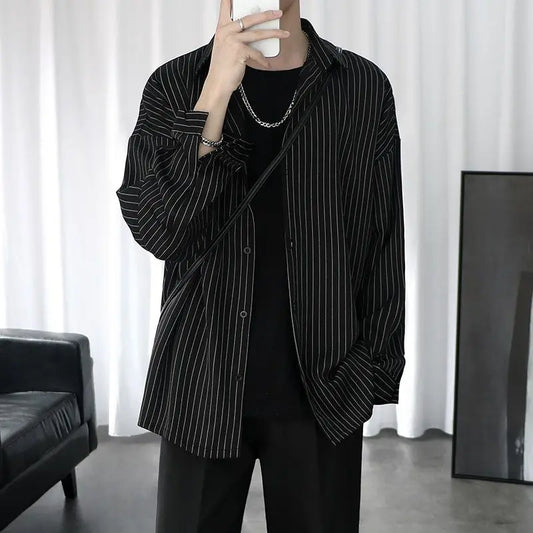 New Spring and Autumn Fashion Hong Kong Style Polo Neck Stripe Casual Loose Fashion Versatile Long Sleeve Men's Thin Shirt