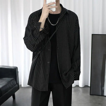 New Spring and Autumn Fashion Hong Kong Style Polo Neck Stripe Casual Loose Fashion Versatile Long Sleeve Men's Thin Shirt