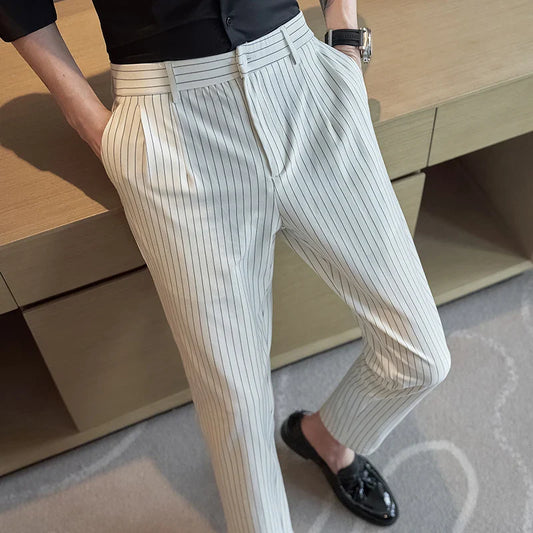 saferido British Style Men Business Stripe Dress Pants Men Belt Design Slim Trousers Formal Office Social Wedding Party Dress Suit Pant