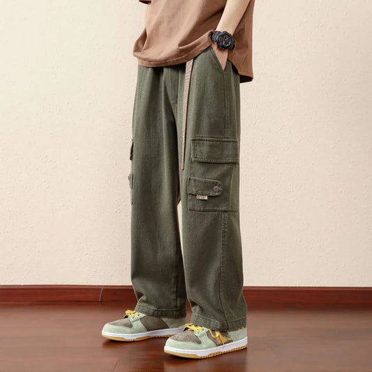 saferido Mens Casual Cargo Pants Hip-Hop Solid Color High Street Retro Loose Japanese Straight Pants Spring and Autumn New Style