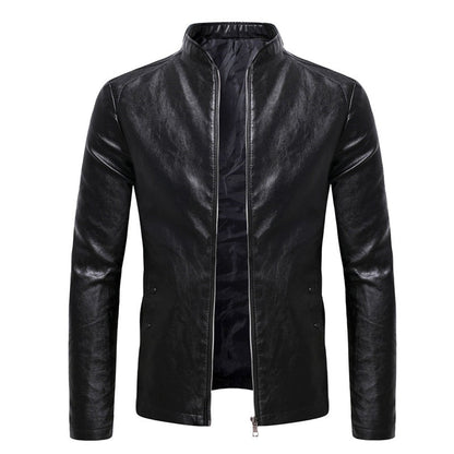 Men's Spring and Autumn New Business Casual Slim Long-sleeved Pu Leather Jacket Jacket Side Seam Pocket Zipper Solid Color
