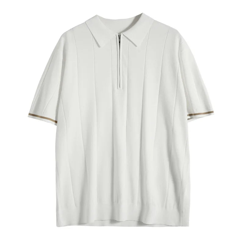 Men's Casual Zipper Polo Shirt Solid Color Texture Lapel Breathable  Leisure Tees for Men Summer Light Luxury Knitwear New