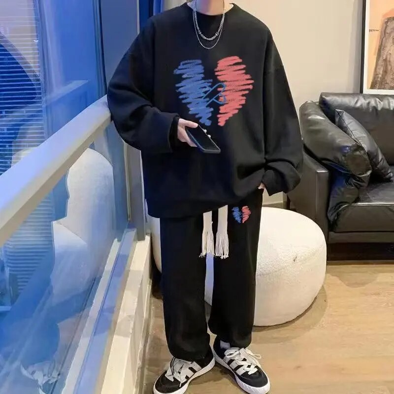 Men's Waffle Casual Suit O-neck Long Sleeve Print Letter Sweatshirts Sweatpants Autumn Tracksuit Plus Size Fashion Two Piece Set