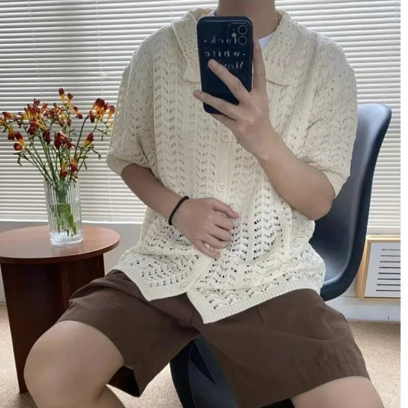 Men Korean Style Chic All-match Hollow Out Half Sleeves Streetwear Breathable Popular Males Knitwear Unisex Hip Hop New