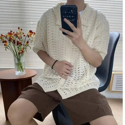 Men Korean Style Chic All-match Hollow Out Half Sleeves Streetwear Breathable Popular Males Knitwear Unisex Hip Hop New