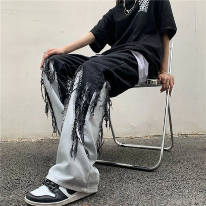saferido Loose Stitching Tassel Straight Jeans Four Seasons Street Washing Hip Hop Street Slim Pants Casual Wild Denim Trousers Oversize