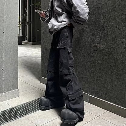 saferido High Street Multi-pockets Washed Black Cargo Pants Mens Straight Pleated Casual Baggy Overalls Oversized Loose Casual Trousers