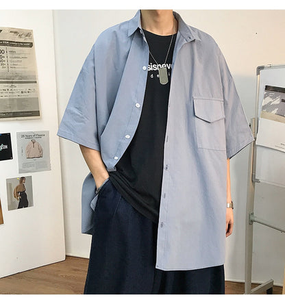 saferido       Summer New Fashion Loose Solid Shirts Men's  Casual Short Sleeve Shirts Turn-down Collar Clothing Blouses Tops Q02