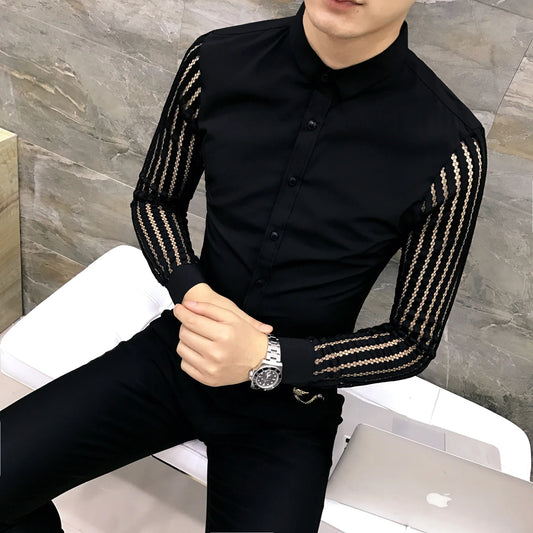 saferido Male Spring Hollow Out Shirt with Long Sleeves/Men's Slim Fit Lapel Business Shirt Brand Clothing Leisure Tops S-3XL