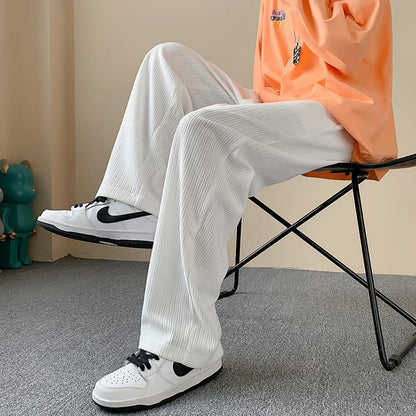 saferido Korean Fashion Corduroy Men's Casual Pants White Loose Straight Wide Leg Pants Spring New Street Casual Sports Pants 3XL