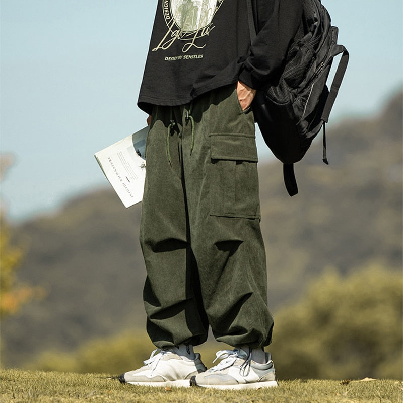 Streetwear Pants For Men Fashion Loose Pockets Cargo Pant Autumn Casual Solid Color Corduroy Trousers Mens Vintage Lantern Pants