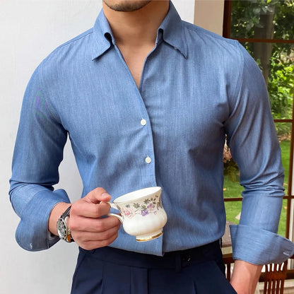 saferido British Style Casual All-match Solid Color Summer Shirt Trendy Denim Blue Business Formal Dress Shirt Long Sleeve Shirt Men