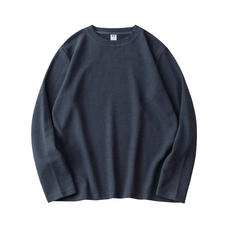 260G Men's Autumn Heavyweight Premium Waffle Basic T-shirt Long Sleeve Simple Solid Color Delicate White Tees Casual Daily Tops