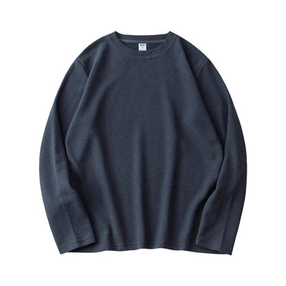 260G Men's Autumn Heavyweight Premium Waffle Basic T-shirt Long Sleeve Simple Solid Color Delicate White Tees Casual Daily Tops