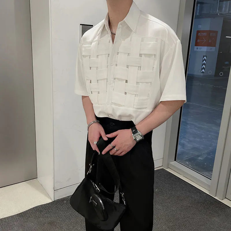 Men's Clothing Summer New Short Sleeve Stand Collar Cross Organization Solid Color Spliced Button Loose Hong Kong Breeze Shirt
