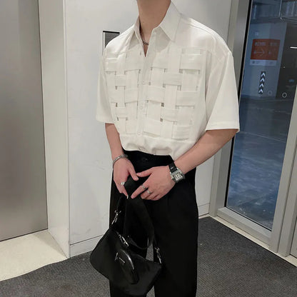 Men's Clothing Summer New Short Sleeve Stand Collar Cross Organization Solid Color Spliced Button Loose Hong Kong Breeze Shirt