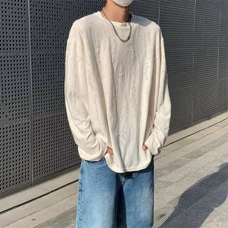 Korean INS Niche Design Men Clothing Round Neck Hole T-shirt Men and Women Long Sleeve Retro Loose Casual Drape Mens T Shirts