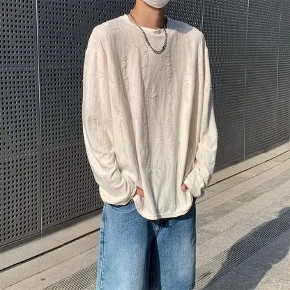 Korean INS Niche Design Men Clothing Round Neck Hole T-shirt Men and Women Long Sleeve Retro Loose Casual Drape Mens T Shirts