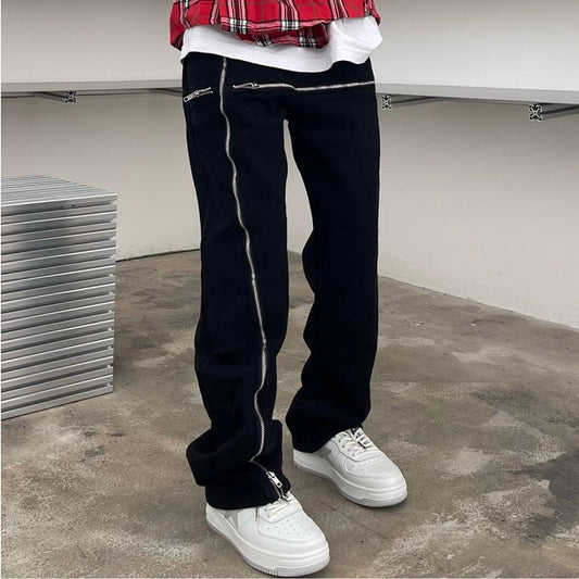 Cross Zipper Decorate Solid Black Mens Cargo Pants High Street Retro Straight Elastic Waist Casual Trousers Loose Overalls