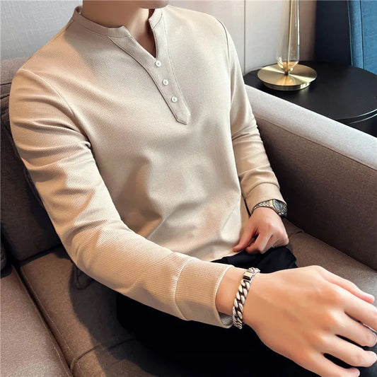 saferido  British Style Men's Summer Casual Long Sleeve V-Neck T-Shirts/Male Slim Fit High Quality T-Shirt Tees Plus size S-4XL