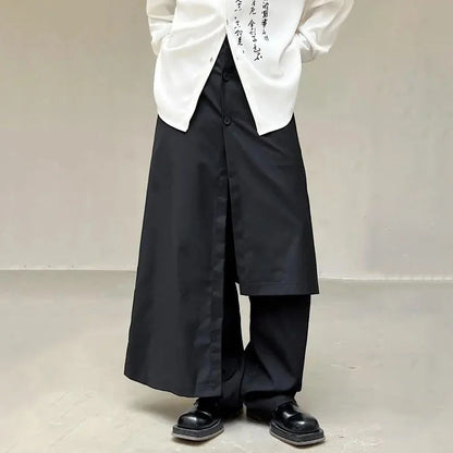 saferido Mens Japanese Double-Layer Irregular Splicing Culottes New Necessities Couple Lazy Style Retro Loose Wide-Leg Pants Unisex