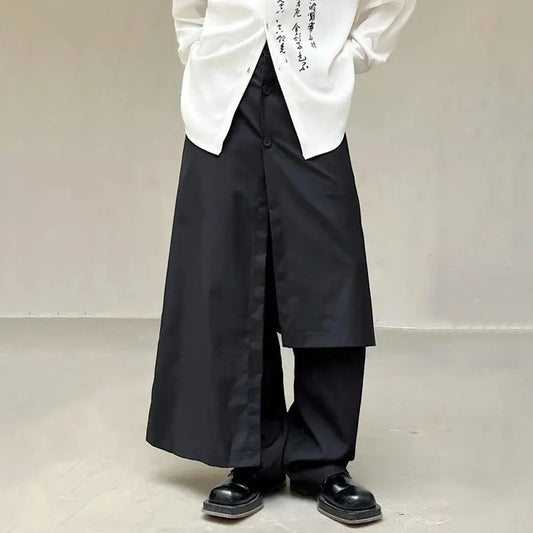 saferido Mens Japanese Double-Layer Irregular Splicing Culottes New Necessities Couple Lazy Style Retro Loose Wide-Leg Pants Unisex