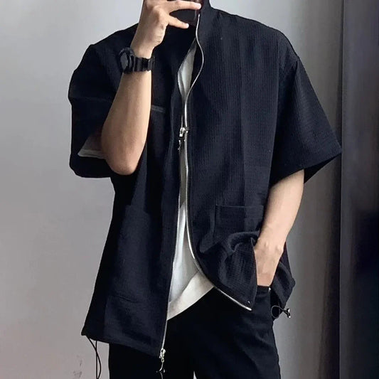 saferido Spring Summer Solid Waffle Shirt Men Zipper Shirts Trend Stand Collar Short Sleeve Tops Unisex Man Shirts Oversized Streetwear F