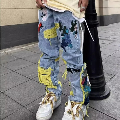 Embroidery heavy industry jeans couple summer trend hip-hop high street American style y2k new brushed loose straight-leg pants