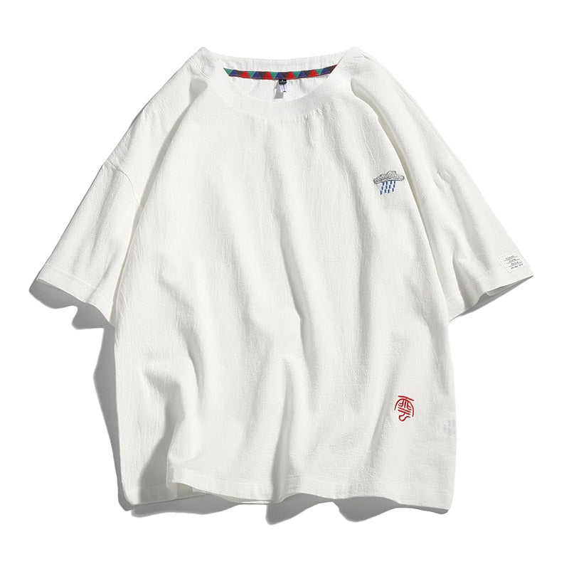 Summer New Men's Short-Sleeved T-shirt Cotton and Linen Casual Men's T Shirts Male Breathable Loose Hip Hop Embroidery Top Tees