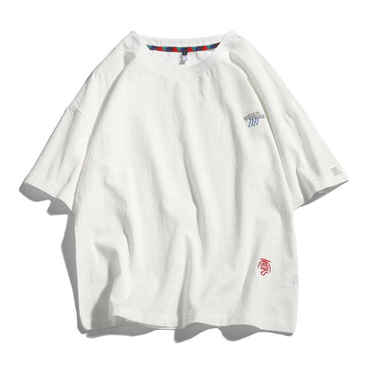 Summer New Men's Short-Sleeved T-shirt Cotton and Linen Casual Men's T Shirts Male Breathable Loose Hip Hop Embroidery Top Tees