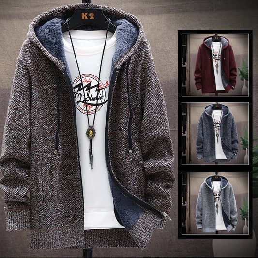Hooded Cardigan Knitted Sweater Mens Solid Color Thick Fleece Wool Casual Knitwear Male Clothing Sweaters for Men