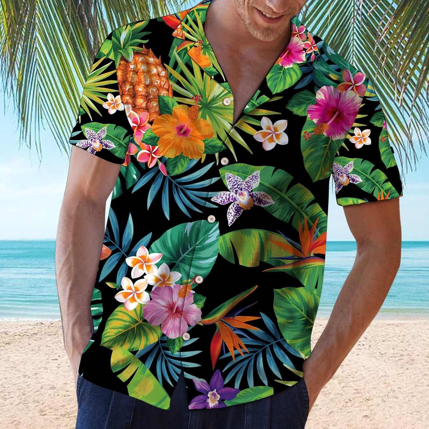 Hawaiian Shirts Red Tropical Shirts Floral Men  Tops Summer Casual Short Sleeve Button Shirt Chemise Loose Vacation Beach