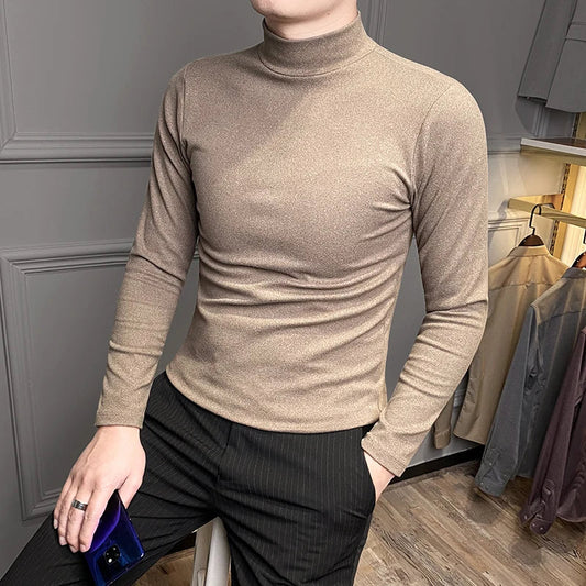 saferido Casual Men High Quality Spring and Autumn Solid Color Half A Turtleneck Long Sleeve Slim Base Shirt Men's Double-Faced Pile