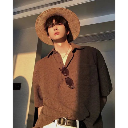 Korean Solid Color Knit Polo Shirt Lapel Short Sleeve T-shirt Men Summer Trend Loose Casual Top Golf Button Polo T Shirt for Men