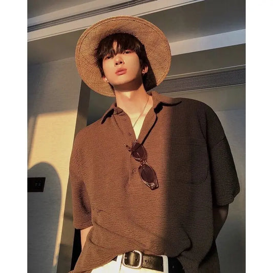 Korean Solid Color Knit Polo Shirt Lapel Short Sleeve T-shirt Men Summer Trend Loose Casual Top Golf Button Polo T Shirt for Men