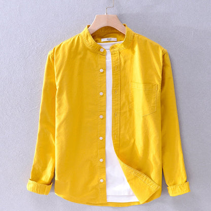 Pure Cotton Long Sleeve Shirt for Men Autumn New Yellow Stand Collar Casual Tops Male Solid Color Button Up Dress Shirt