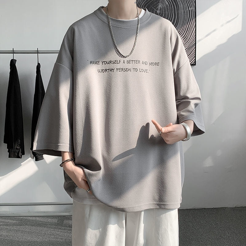 Men Summer Vintage T Shirts Letter Graphic Harajuku Casual Tshirt For Male  New Oversize Man Tees Three Quarter Tops
