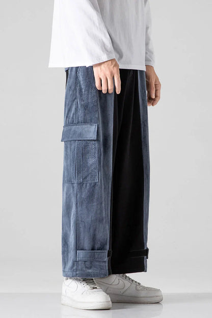 saferido Corduroy Casual Pants for Men's Loose Sports Stitching Pocket Overalls All-match Hip-hop Street Trendy Trousers Spring Autumn