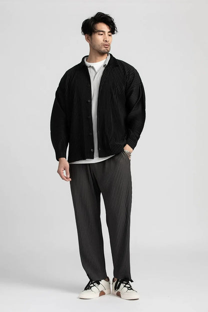 Lapel Shirt Black Pleated Long Sleeve T Shirt For Men Casual Coat Japanese Streetwear Men Cardigan Button Up Shirt