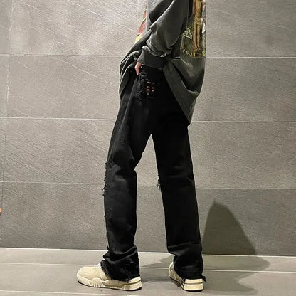 saferido Trousers with Holes Man Cowboy Pants Aesthetic Ripped Men's Jeans Torn Broken Black Straight Trend Loose Cotton Washed Kpop