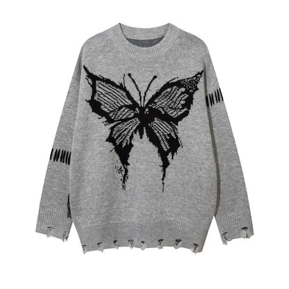 saferido High Street Trendy Men Sweater Dark Butterfly Jacquard Round Neck Pullover with Hole in The Bottom Hem Knitwear Spring Autumn