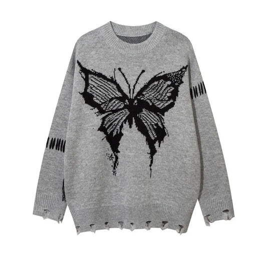 saferido High Street Trendy Men Sweater Dark Butterfly Jacquard Round Neck Pullover with Hole in The Bottom Hem Knitwear Spring Autumn