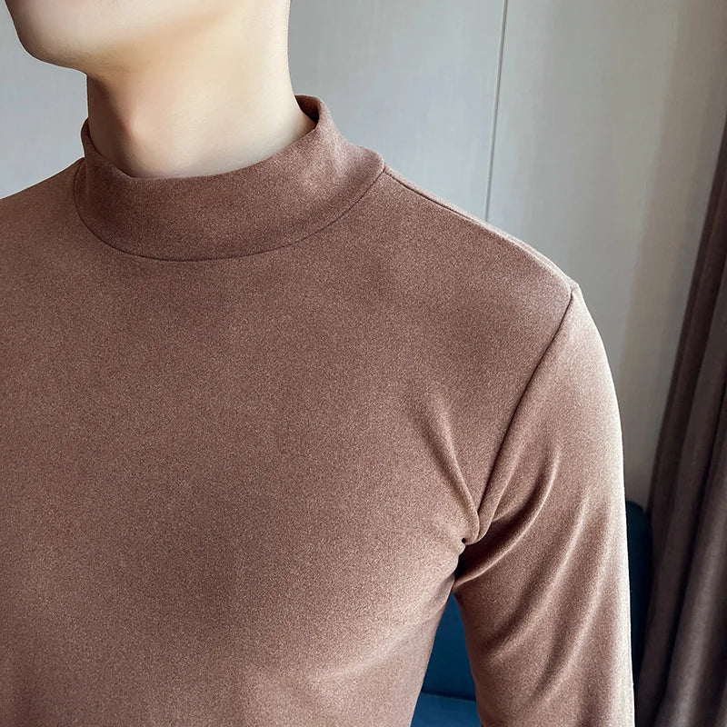 saferido  New Style Male Spring High Quality Slim Casual Long Sleeve T-shirts/Men Fashion High Collar Pure Color Leisure T-shirt 3XL