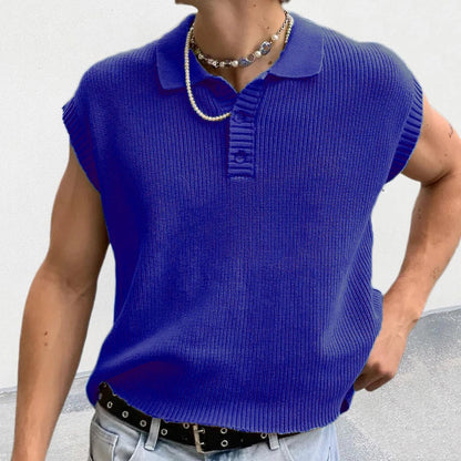 Solid Knitting Tops Men Sleeveless Buttoned Turn-down Collar Knit Vest Shirts Spring Summer Men's Clothing Fashion